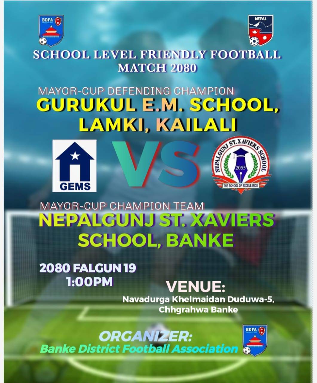 नेपालगञ्ज सेन्ट जेभियर्स र कैलालीको गुरुकुल स्कुलबीच मैत्रीपूर्ण खेल हुँदै 